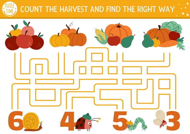 Thanksgiving Day maze for children Autumn holiday preschool printable counting activity Fall labyrinth game or math puzzle with cute vegetables insects Count harvest and fond the right wayxA