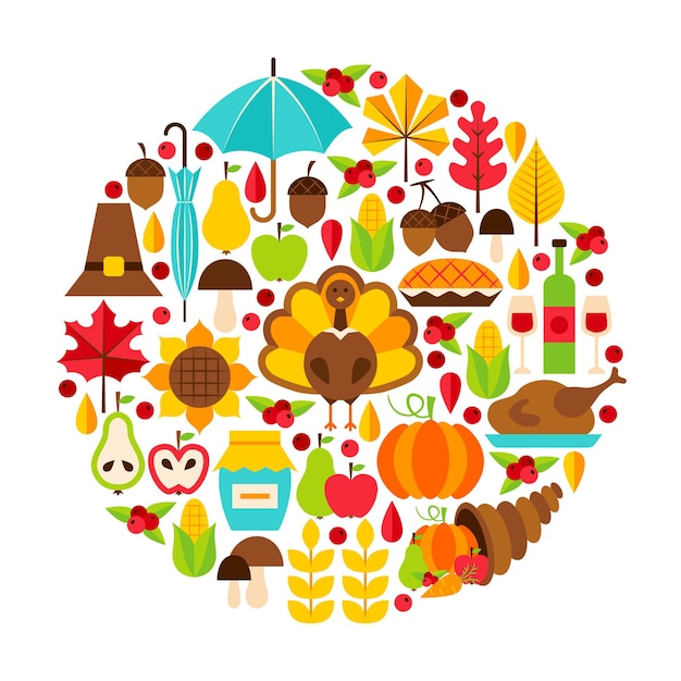 Thanksgiving Day Objects Concept. Vector Illustration. Autumn Holiday Set isolated over White.