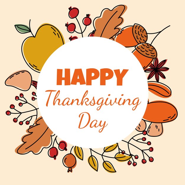 Vector thanksgiving day template of apple mushrooms corn leaves and berries