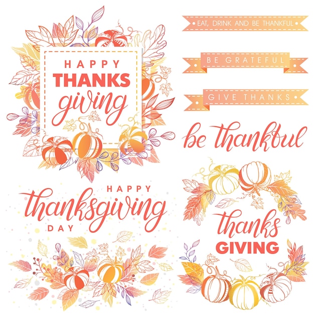 Thanksgiving Day typographyCollection of Thanksgiving Day greetingshand painted letteringautumn bouquetspumpkins and leavesPerfect for printsflyerscardspromosholiday invitations and more