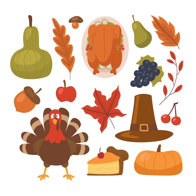 Thanksgiving day. Vector elements of thanksgiving celebration harvest and icons. Traditional turkey.