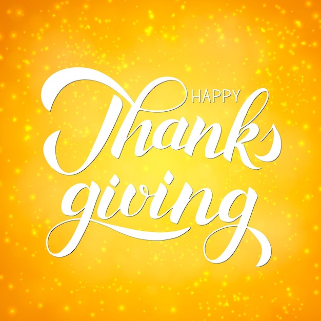 Thanksgiving day vector illustration Happy Thanks giving hand written with brush Calligraphy lettering typography poster on bright yellow blurred background