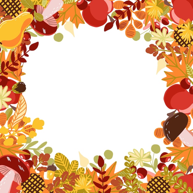 Thanksgiving day vector square frame with fall leaves sunflowers berries fruits and vegetables