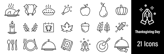 Thanksgiving day Web Icons Pray Turkey Autumn Pumpkin Cutlery Vector in Line Style Icons