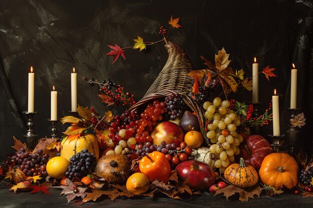 a thanksgiving display of fruit and leaves with a candle in the center