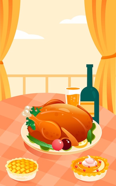 Thanksgiving, family dinner with turkey with pumpkins and fruits in the background, vector