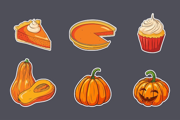 Vector thanksgiving food stickers set. fresh ripe pumpkins, pumpkin pies and cupcake. collection of autumn holiday pumpkin dishes for stickers, invitation, menu and greeting cards decoration. premium vector