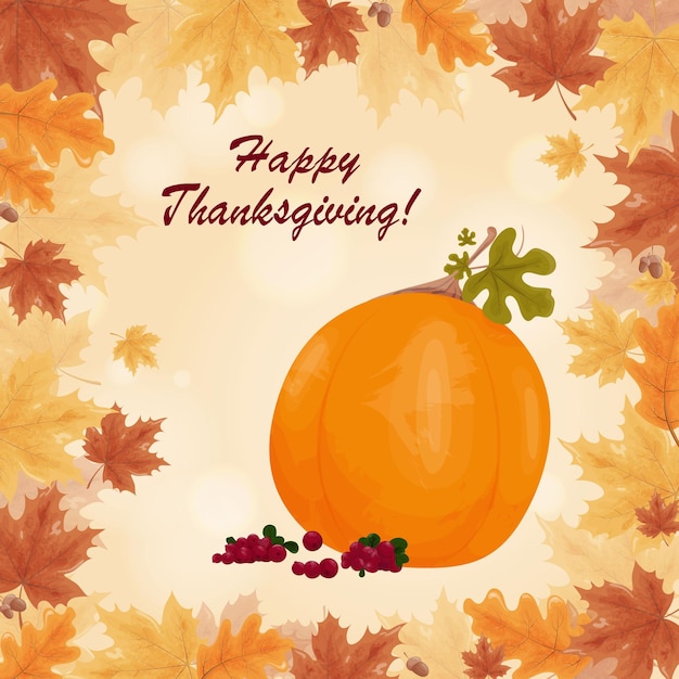 A Thanksgiving greeting card Autumn leaves pumpkin and cranberries on a beige background