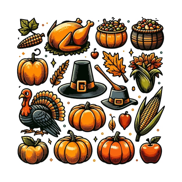 Thanksgiving HandDrawn Illustration Set Iconic Symbols in HighResolution with White Background