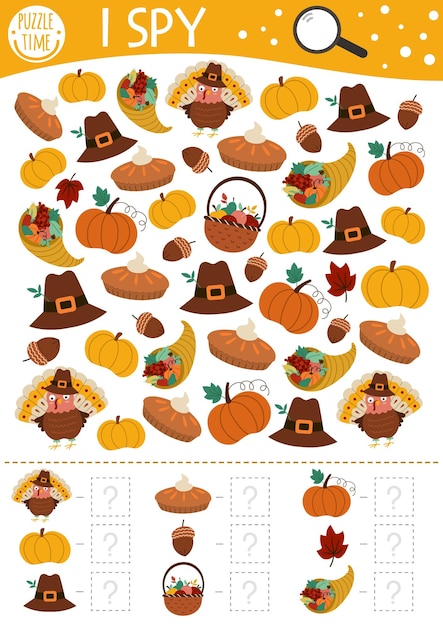 Thanksgiving I spy game for kids Searching and counting activity for preschool children with turkey pumpkin cornucopia Funny autumn printable worksheet for kids Simple fall spotting puzzlexA