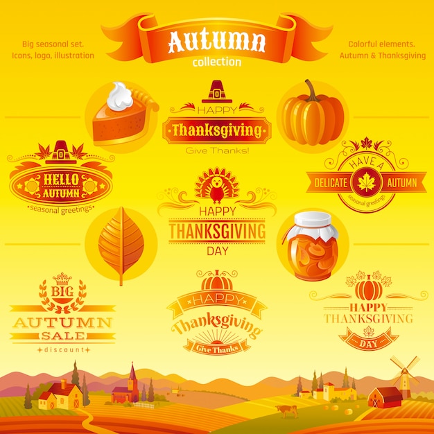 Thanksgiving icon set. Logo festival cartoon icons and logo with rural landscape background.