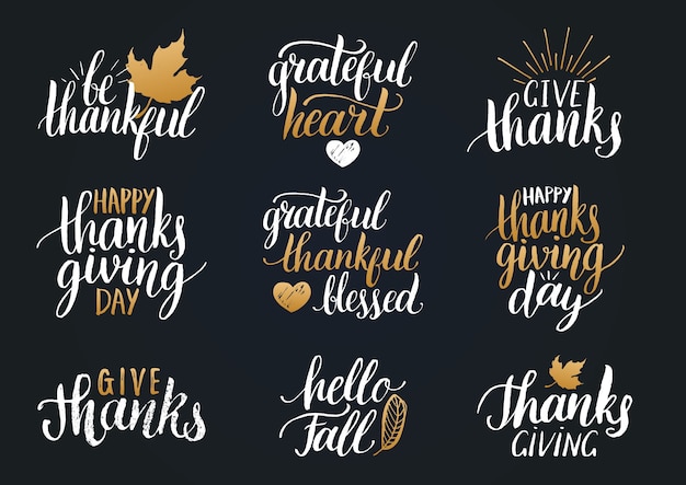  Thanksgiving lettering for invitations or festive greeting cards. Handwritten calligraphy set