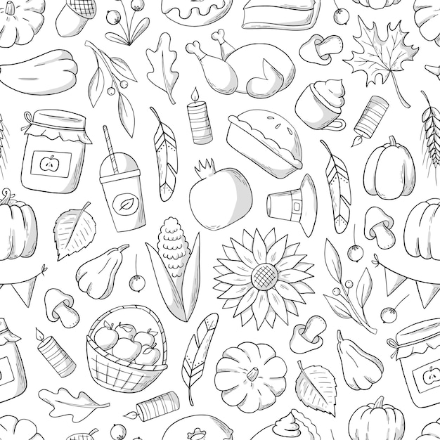 Thanksgiving monochrome seamless pattern with hand drawn elements for packaging, coloring pages