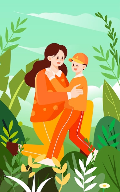 Thanksgiving mother and son hug illustration family outdoor travel poster