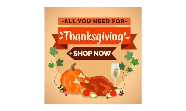 Thanksgiving Offer with Turkey Pumpkin and champagne Illustration background Post for instagram