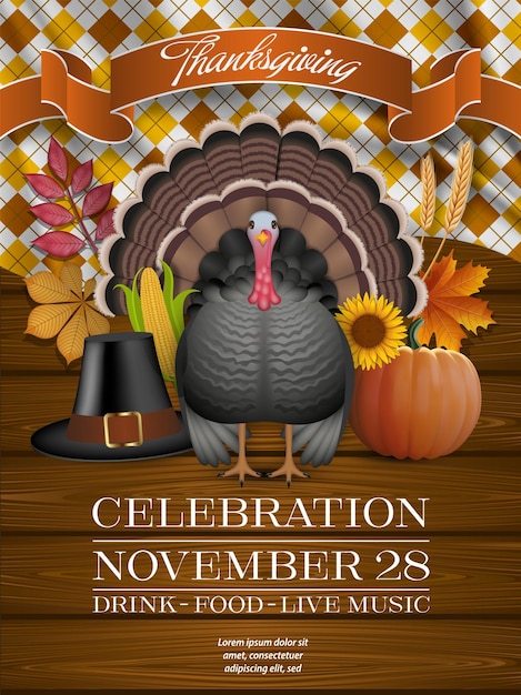 Vector thanksgiving party poster with turkey pumpkin and pilgrim hat om wooden background