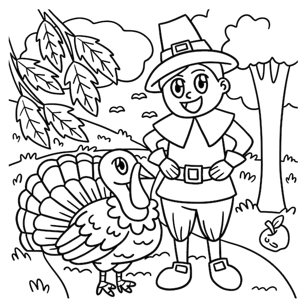 Thanksgiving Pilgrim Boy And Turkey Coloring Page