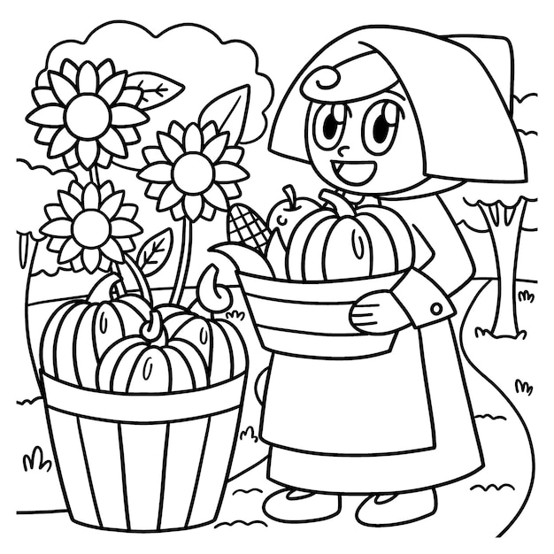 Thanksgiving Pilgrim Girl Coloring Page for Kids