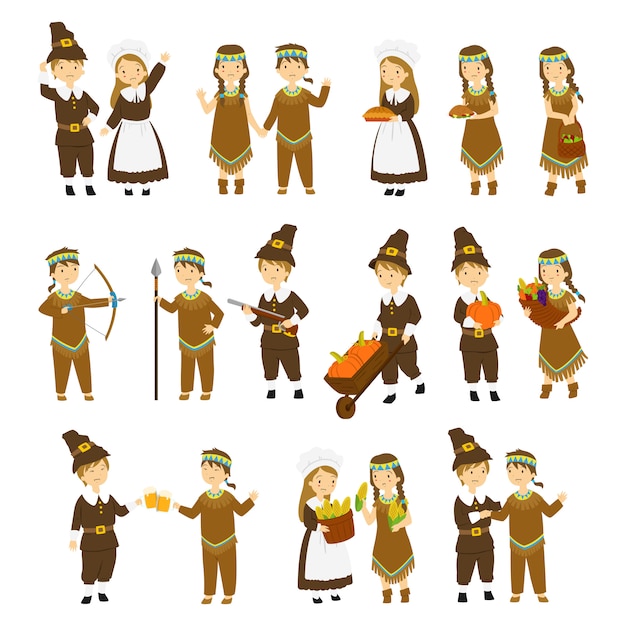 Thanksgiving pilgrims and natives couple character cartoon vector