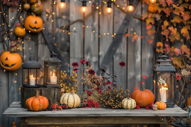 Vector thanksgiving pumpkins and corncobs on rustic table decorations at nights with defocused lights