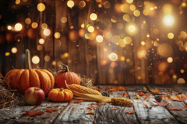 Vector thanksgiving pumpkins and corncobs on rustic table decorations at nights with defocused lights