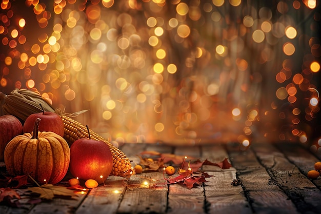 Vector thanksgiving pumpkins and corncobs on rustic table decorations at nights with defocused lights