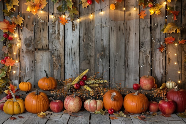 Vector thanksgiving pumpkins and corncobs on rustic table decorations at nights with defocused lights