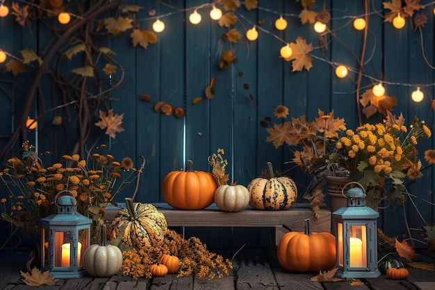 Thanksgiving Pumpkins And Corncobs On Rustic Table Decorations At Nights With Defocused Lights