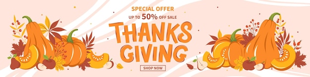 Thanksgiving sale banner. Pumpkin harvest, fruits, leaves, berries.