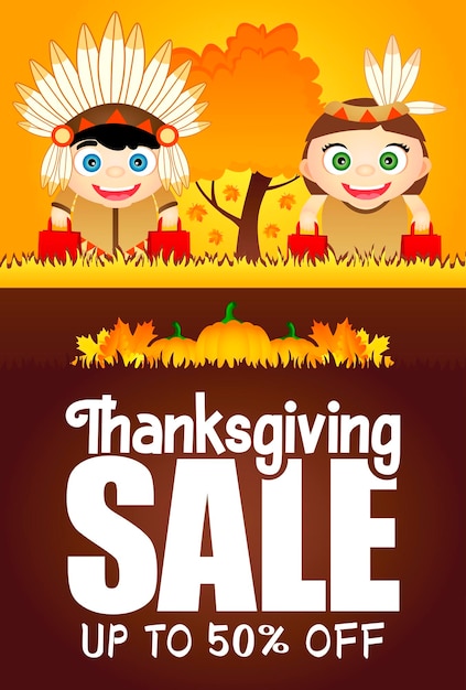 Thanksgiving Sale poster with 50 discount flyer for holiday. Funny kids in the costumes native Amer