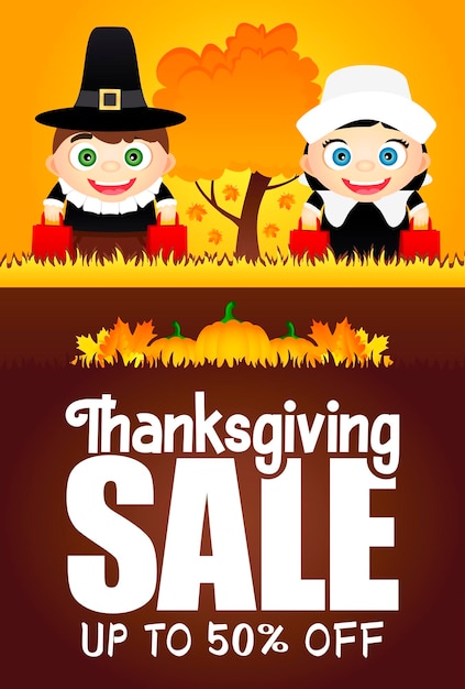 Thanksgiving Sale poster with 50 discount flyer holiday. Funny kids in the costumes of pilgrims