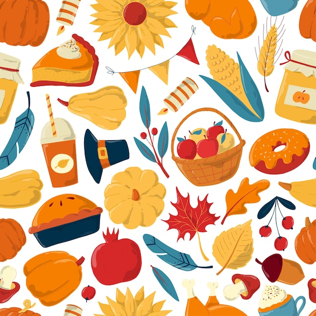 Thanksgiving seamless pattern with hand drawn elements for wrapping paper, prints, textile