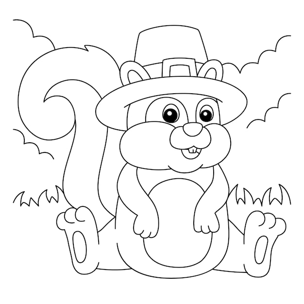 Thanksgiving Squirrel Pilgrim Hat Coloring Page