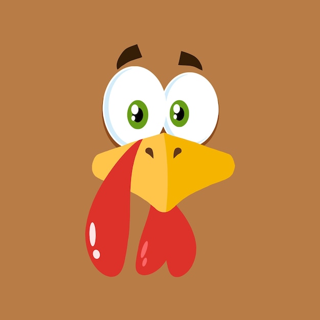 Thanksgiving Turkey Bird Face Cartoon Character Flat Brown Label. Vector Illustration Background