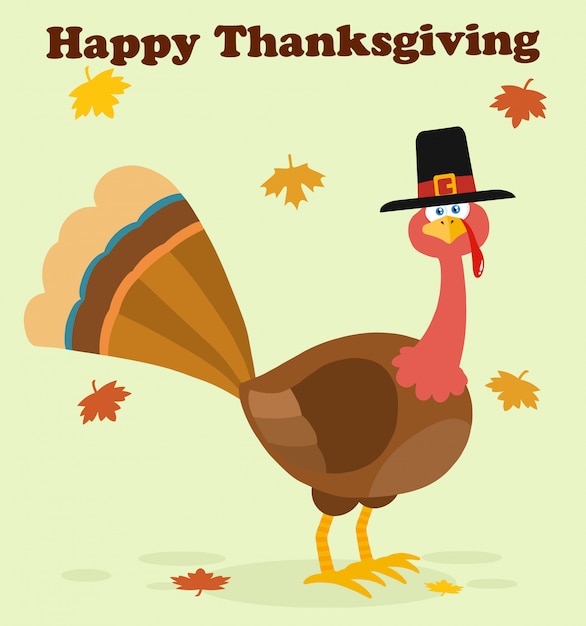 Thanksgiving Turkey Bird With Pilgrim Hat Cartoon Character.