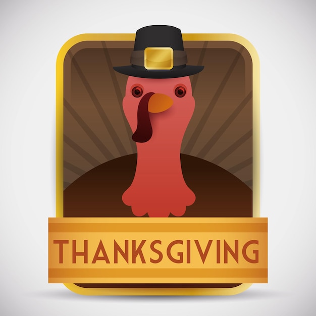 Thanksgiving turkey with hat on golden button and ribbon