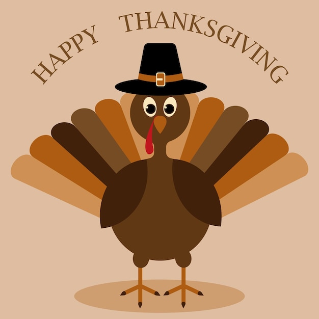 Thanksgiving with cartoon turkey in hat.Vector illustration.