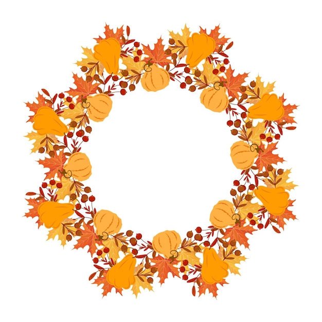 Thanksgiving wreath with pumpkins rowan and autumn leaves Print autumn illustration vector