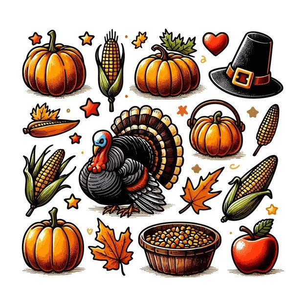 ThanksgivingThemed HandDrawn Illustration Set Iconic Holiday Symbols in HighResolution with White Background