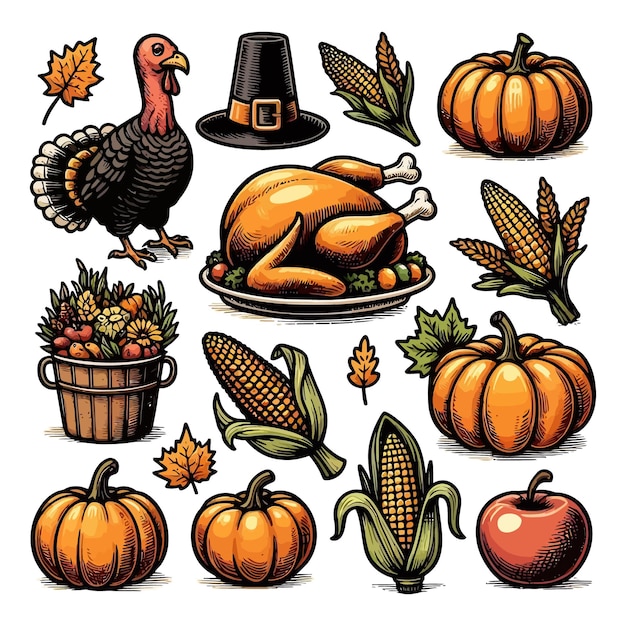 Vector thanksgivingthemed handdrawn illustration set iconic holiday symbols in highresolution with white background