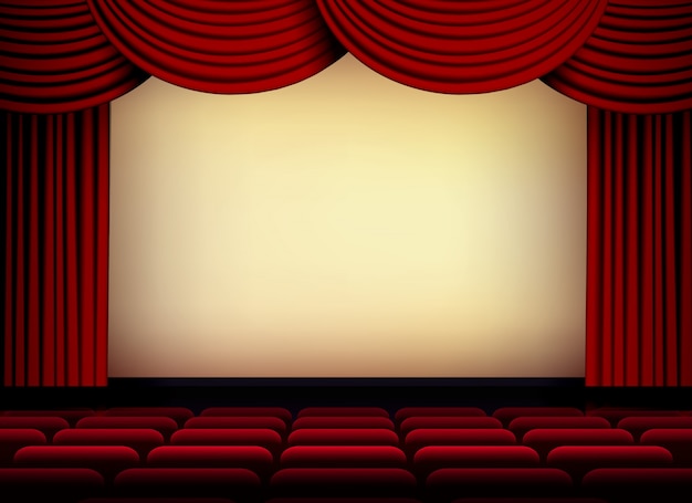 Theater or cinema auditorium screen with red curtains and seats