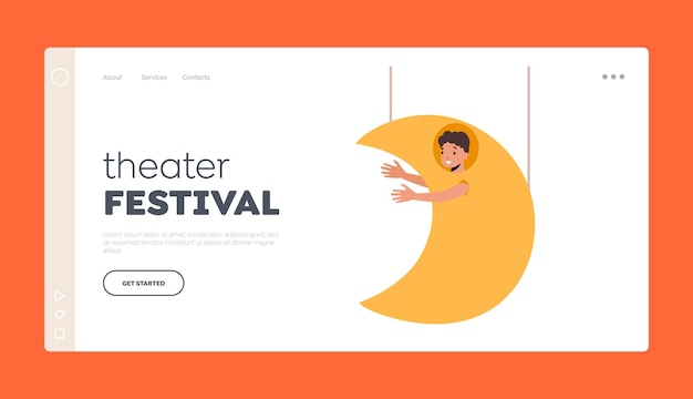 Theater Festival Landing Page Template Child In Funny Costume Of Moon Hanging On Ropes Little Boy Artist Character