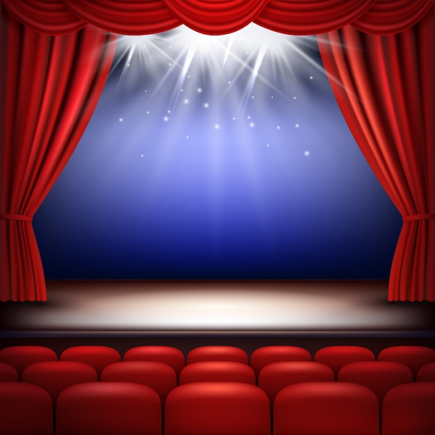 Theater stage. Festive background audience movie opera light with red silk curtains and auditorium seats  realistic