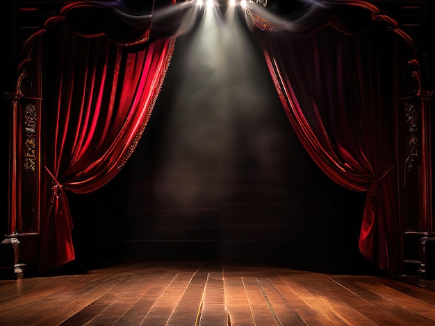 Vector theater stage red curtains show spotlight