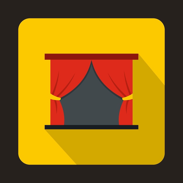 Theater stage with a red curtain icon in flat style on a yellow background