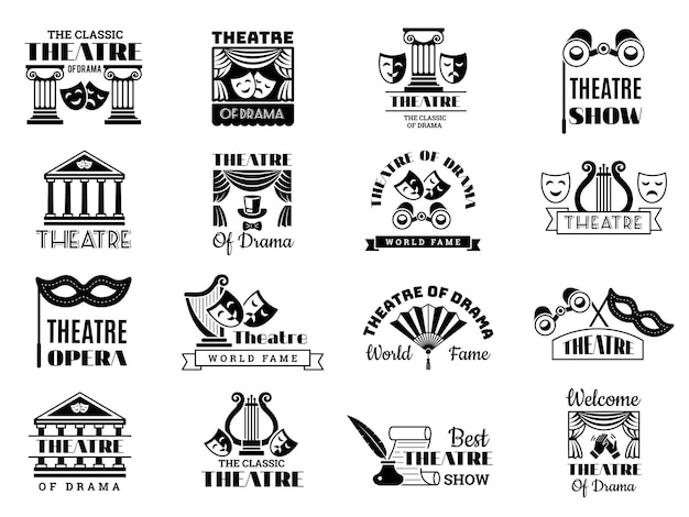 Vector theatre badges. broadway emblem entertainment show party vintage logo cinema symbols recent vector illustrations. theater monochrome entertainment embelem