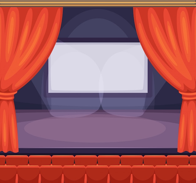 Vector theatre or cinema stage with red curtains. vector background in cartoon style