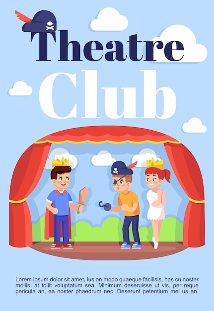 Vector theatre club brochure template. flyer, booklet, leaflet concept with flat illustrations. vector page cartoon layout for magazine. drama lessons for kids advertising invitation with text space