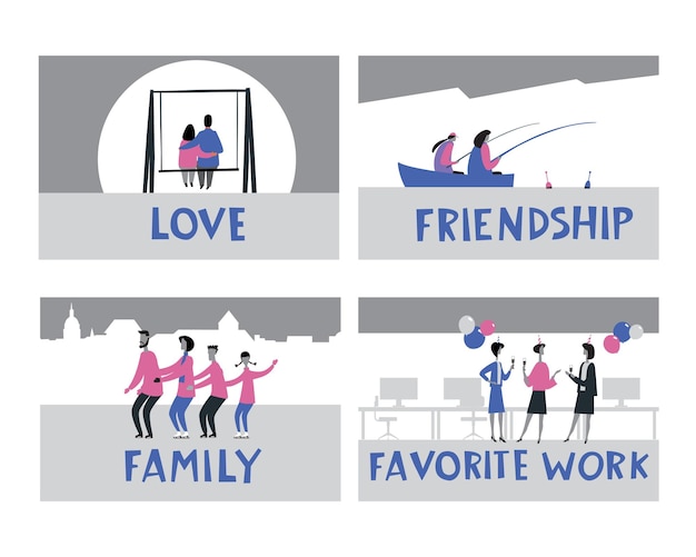 Themed vector stories Love Friendship Favorite job Family Stylish hand lettering and drawings of people