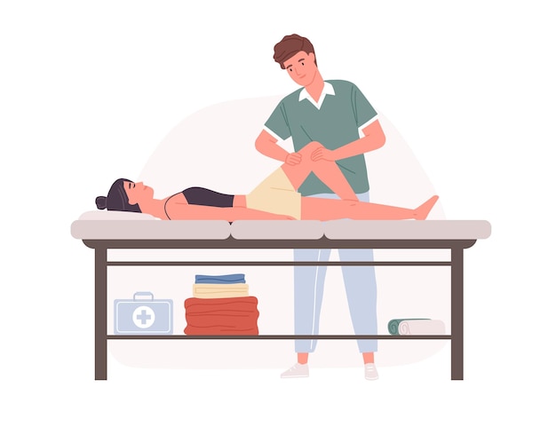 Therapist practicing sports massage or osteopathy. Professional physiotherapy for body recovery and rehabilitation. Colored flat cartoon vector illustration isolated on white background.